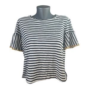 Anthropologie W5 Blue White Striped Crop T-Shirt Top Pop of Yellow Size Medium